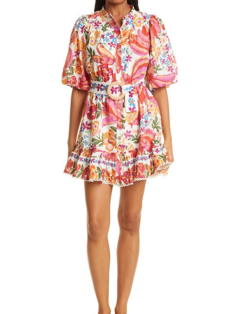 FARM Rio Floral Puff-Sleeve Shirt Dress in Pink, Orange, Green